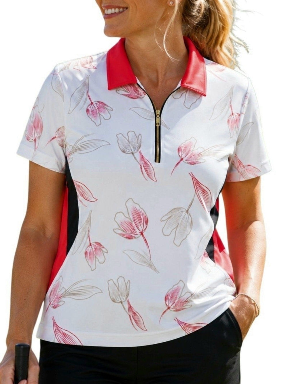 Monterey Club Women's Golf Polo XL Floral Quarter Zip Performance Stretch Shirt
